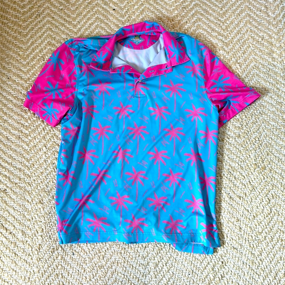 Chubbies Performance Polo Blue and Pink Palm Tree Shirt